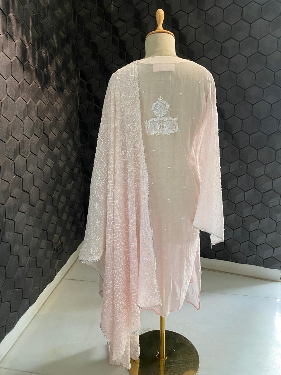 Pink Mul Chanderi Chikankari Kurta Set