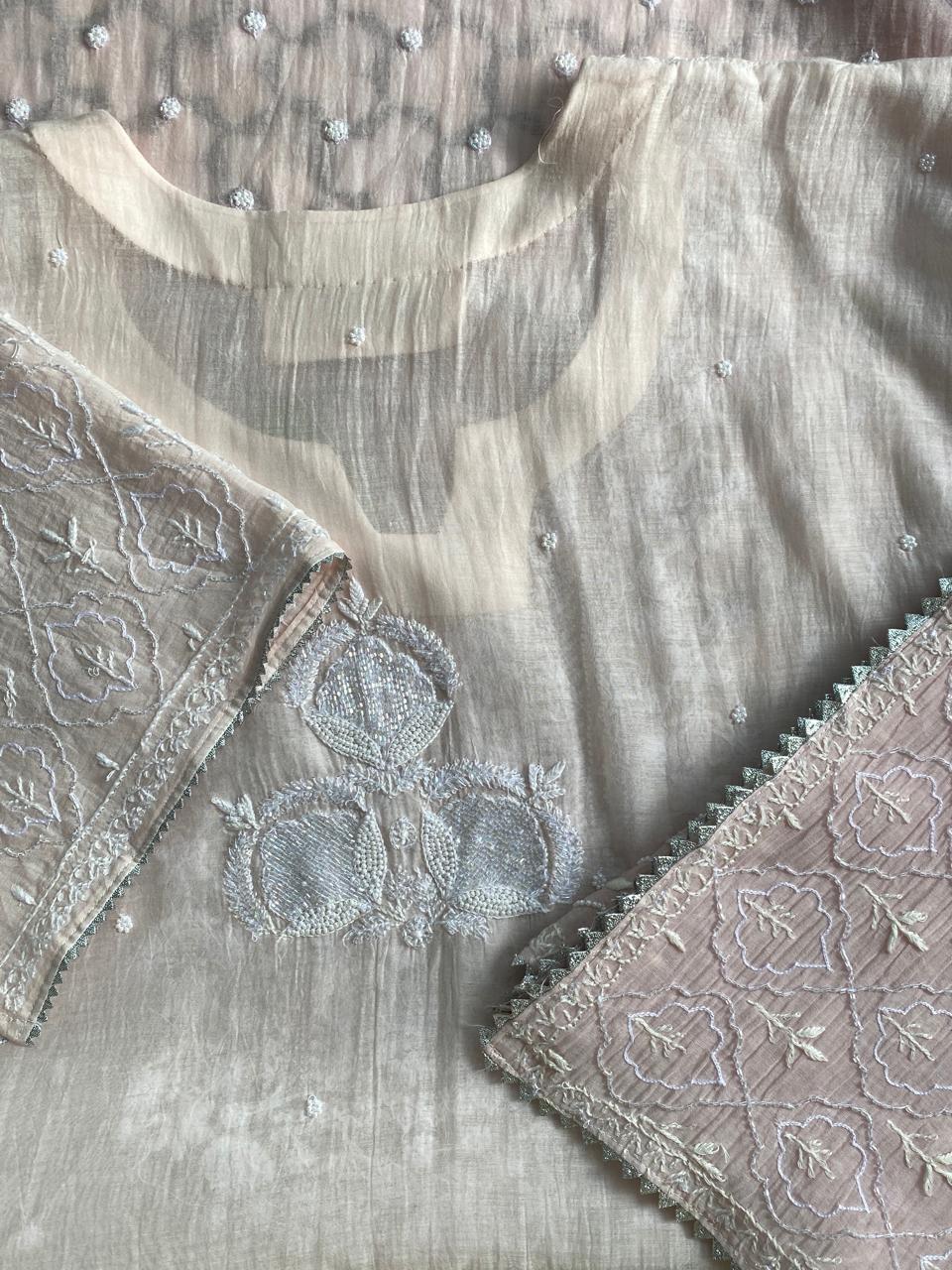 Pink Mul Chanderi Chikankari Kurta Set