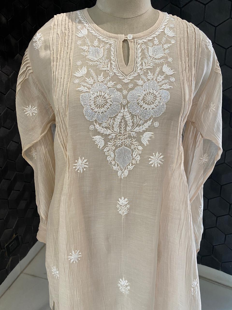 Beige mul chanderi chikankari co-ord set