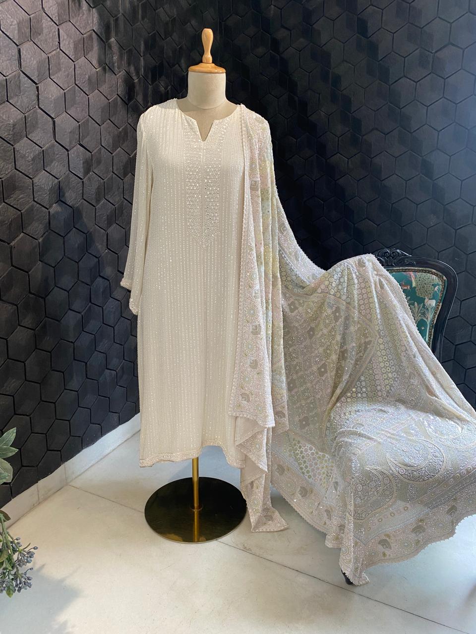 white georgette Kurta with multi-coloured heavy dupatta set
