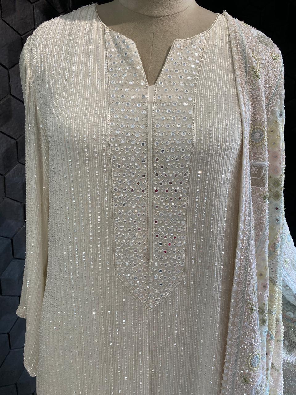 white georgette Kurta with multi-coloured heavy dupatta set