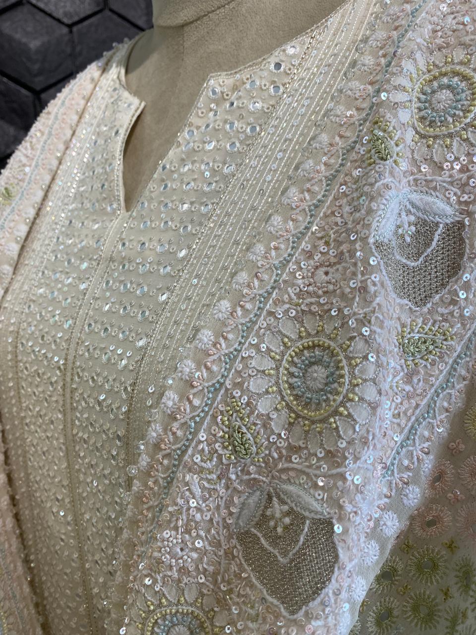 white georgette Kurta with multi-coloured heavy dupatta set