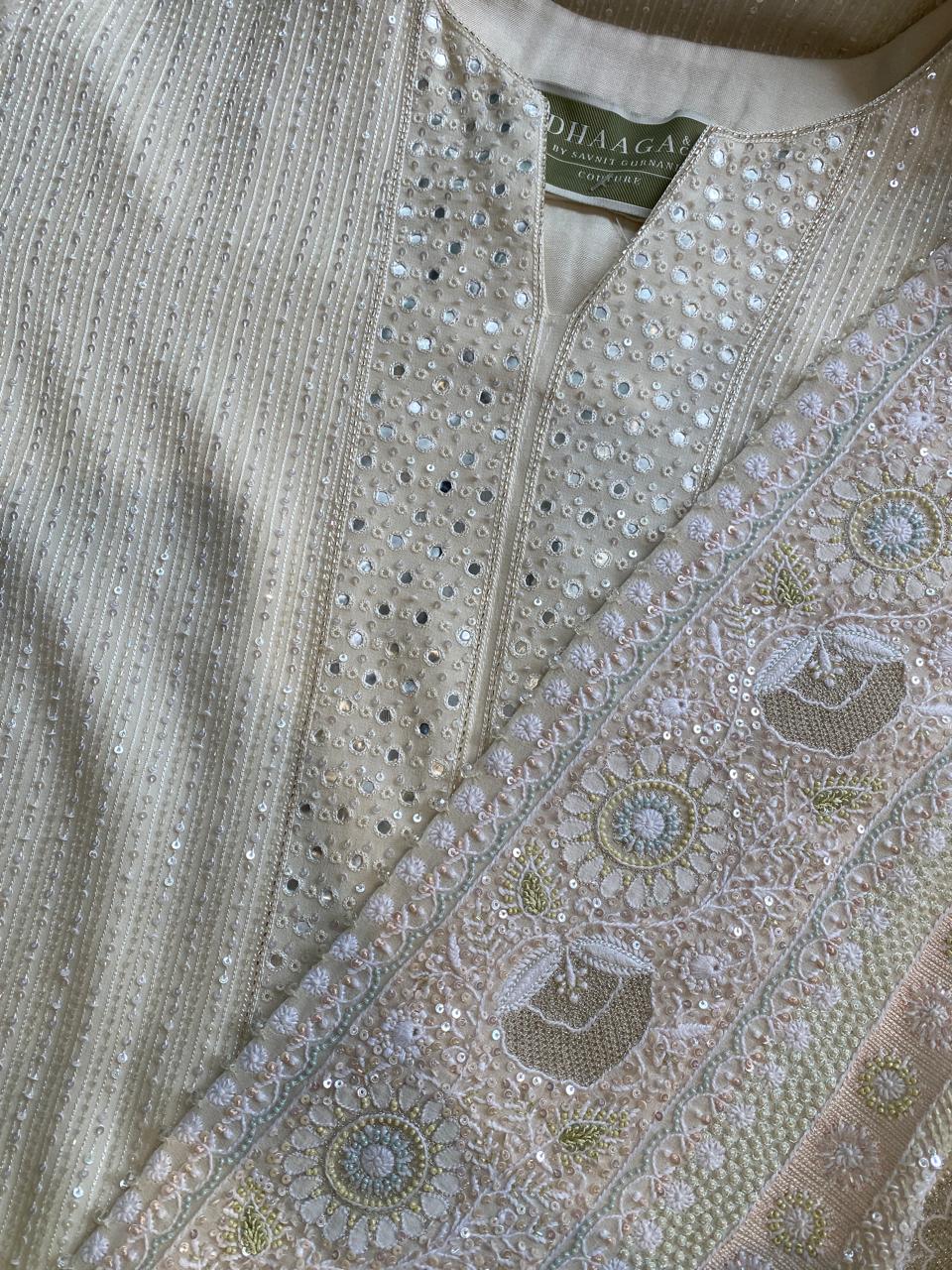 white georgette Kurta with multi-coloured heavy dupatta set