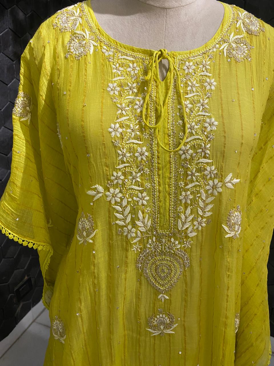 Lime Green striped mul chanderi chikankari Kaftan