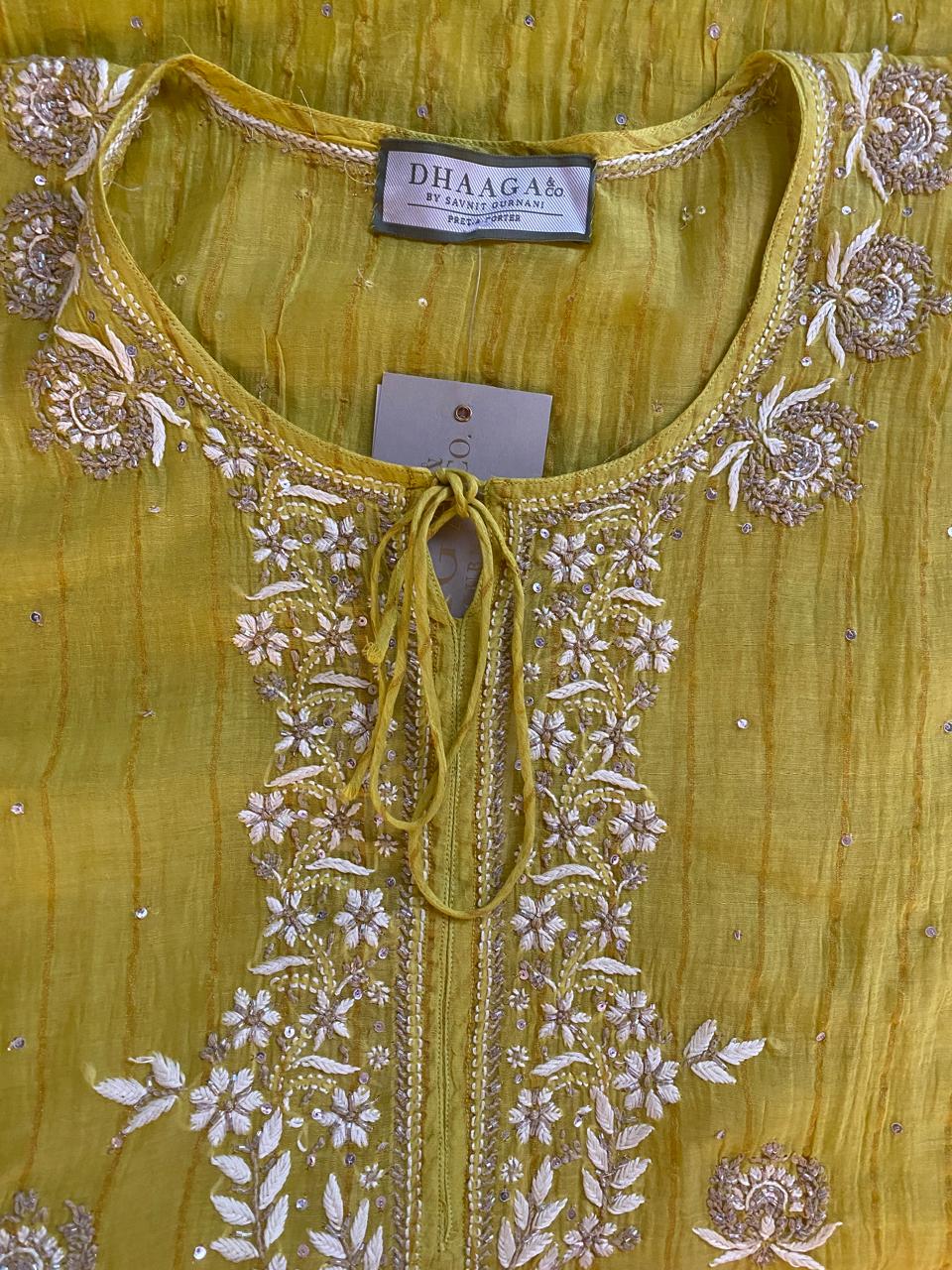 Lime Green striped mul chanderi chikankari Kaftan