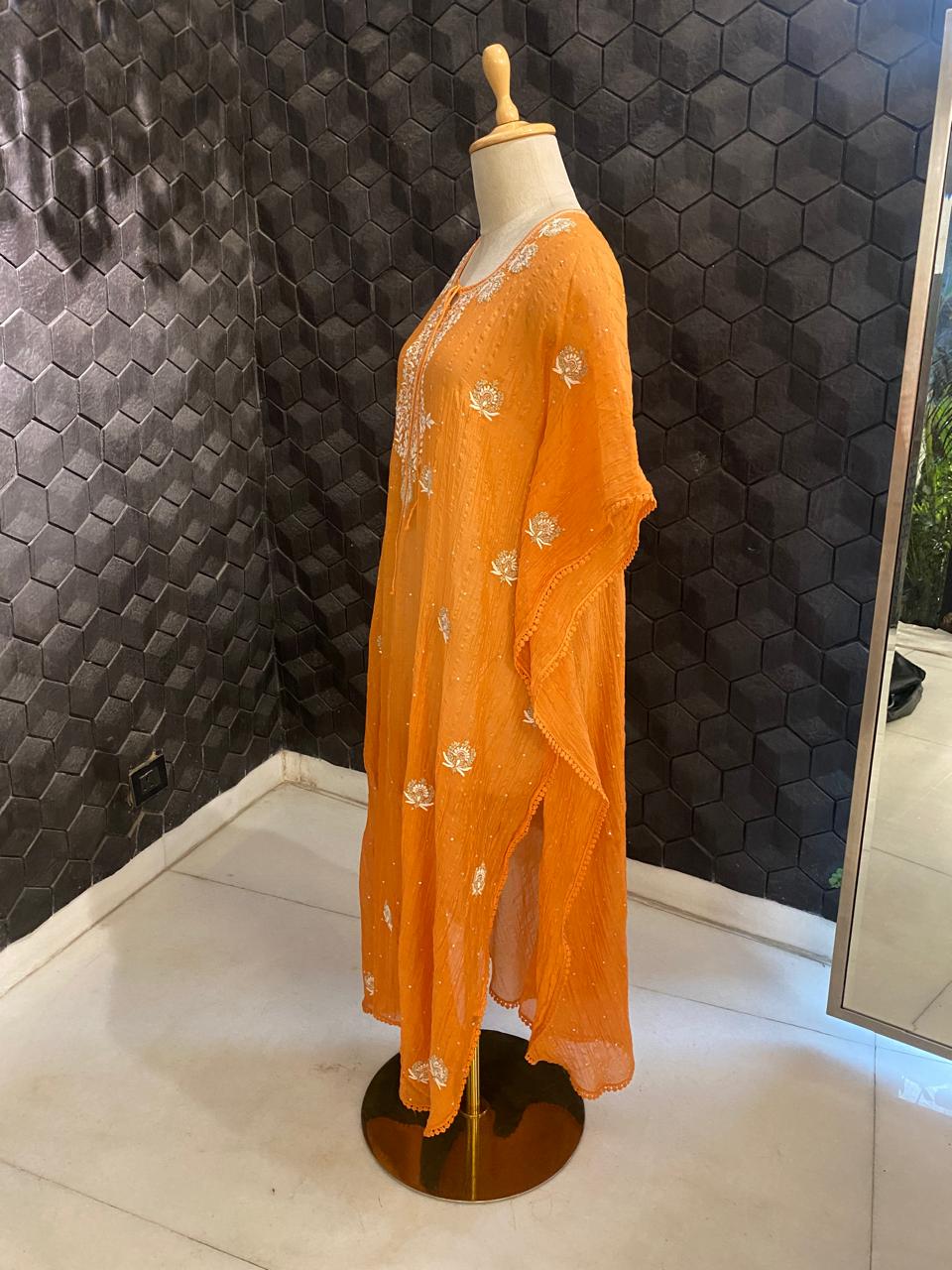 Orange Striped Mul chanderi Chikankari Kaftan