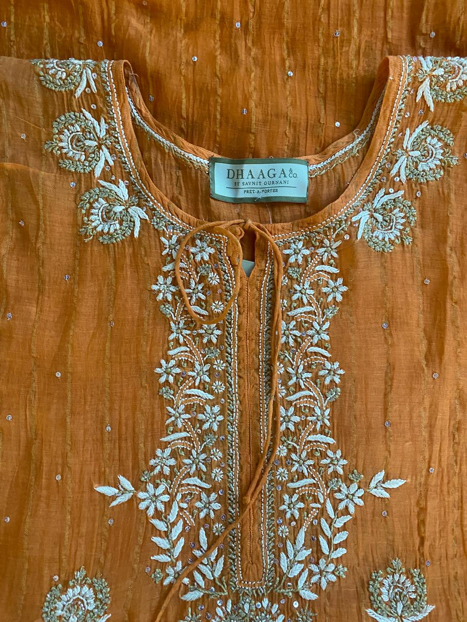 Orange Striped Mul chanderi Chikankari Kaftan