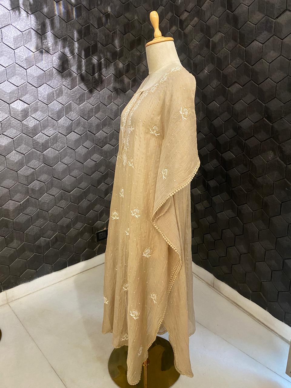 Brown Striped Mul Chanderi Chikankari Kaftan