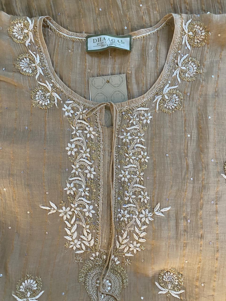 Brown Striped Mul Chanderi Chikankari Kaftan