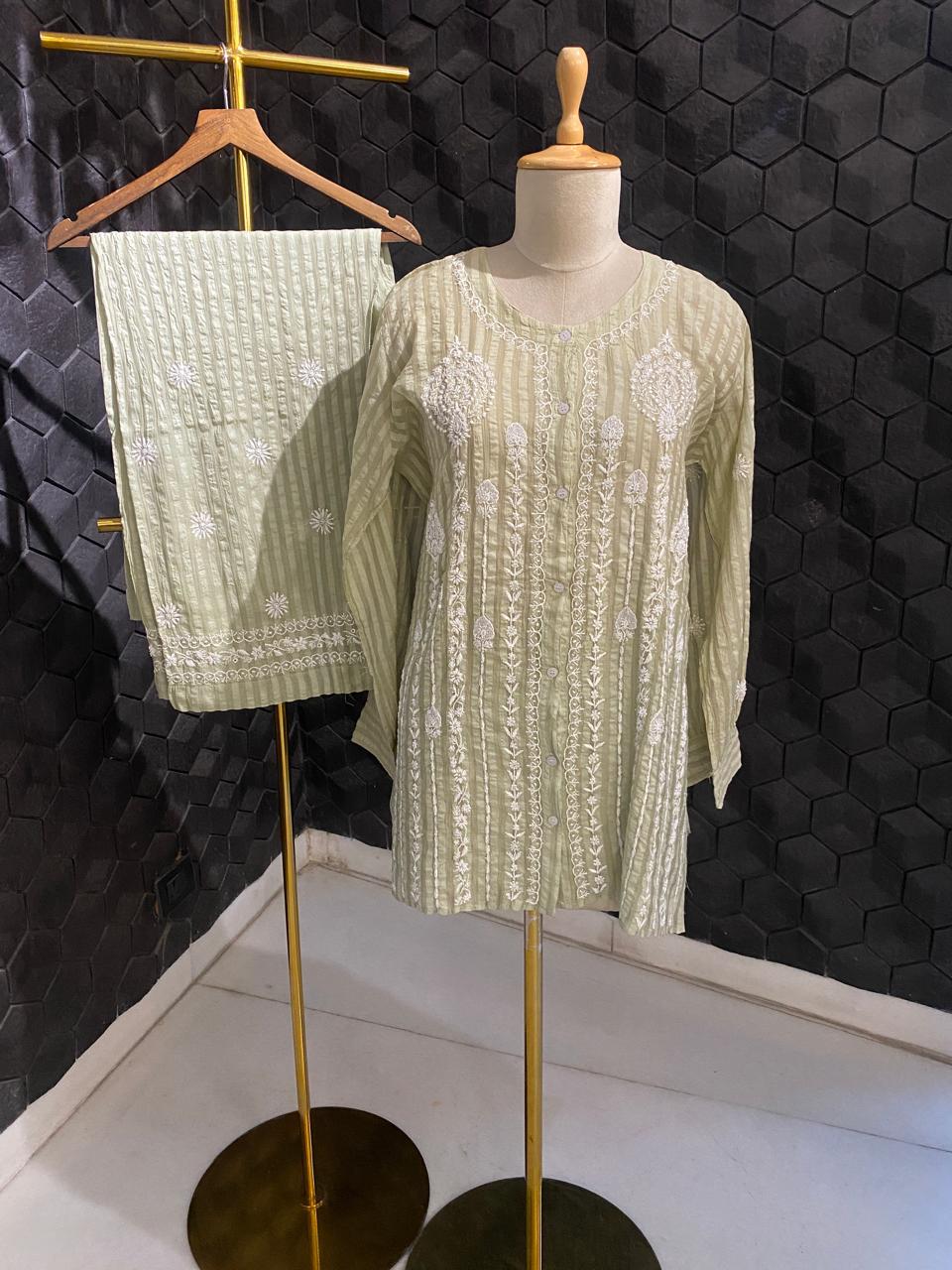 Dusty green Striped Mul Chanderi Co-ord Set