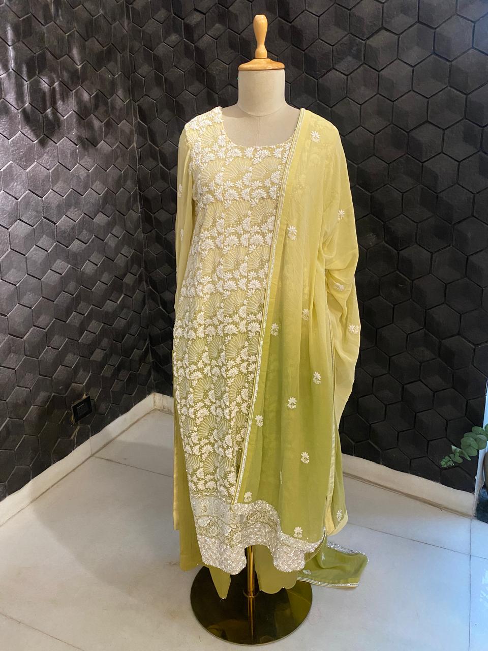 Lime Green ombre Georgette Chikankari Kurta Set