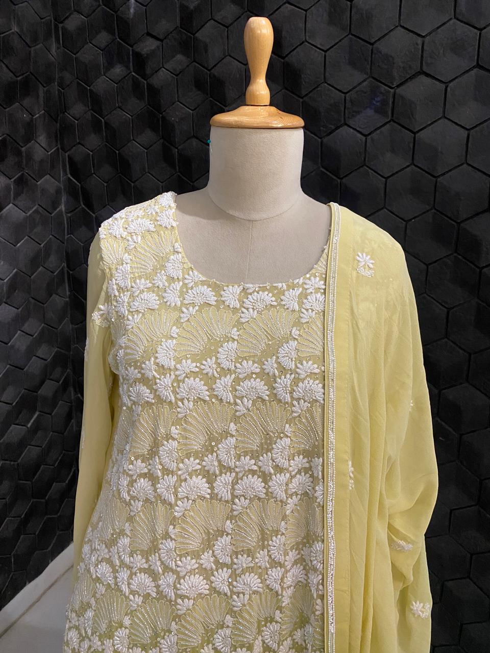 Lime Green ombre Georgette Chikankari Kurta Set