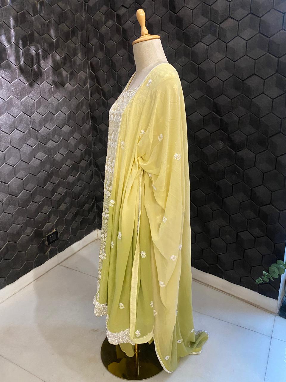 Lime Green ombre Georgette Chikankari Kurta Set