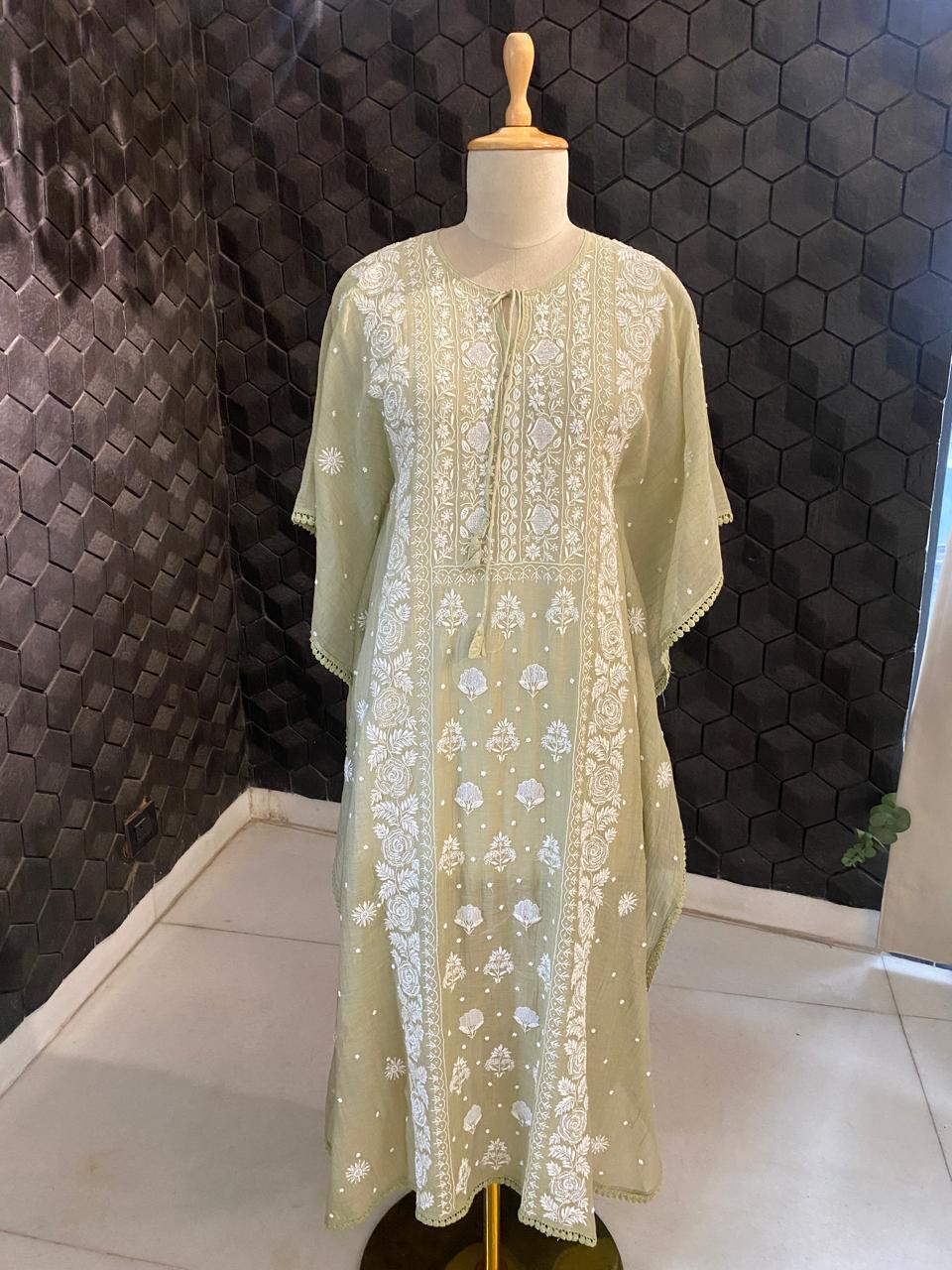 Sage Green Mul Chanderi chikankari kaftan