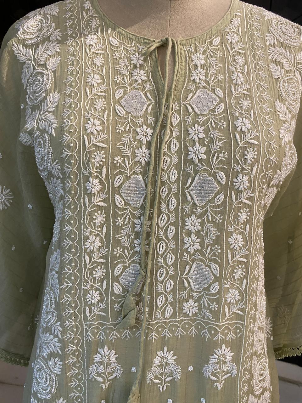 Sage Green Mul Chanderi chikankari kaftan
