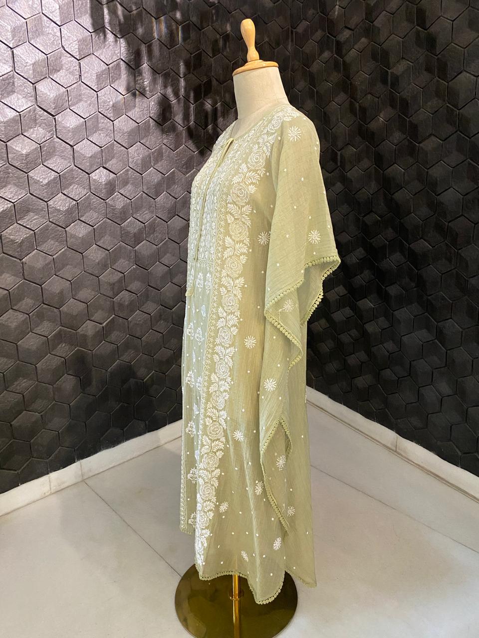 Sage Green Mul Chanderi chikankari kaftan