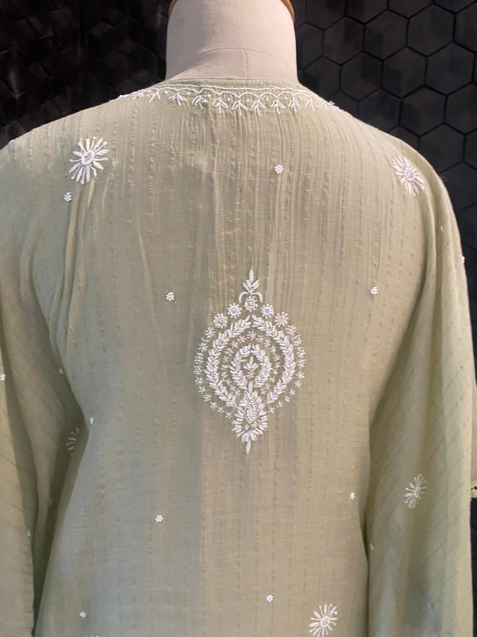 Sage Green Mul Chanderi chikankari kaftan