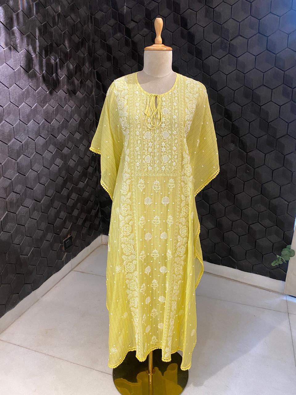Yellow Mul Chanderi Chikankari Kaftan