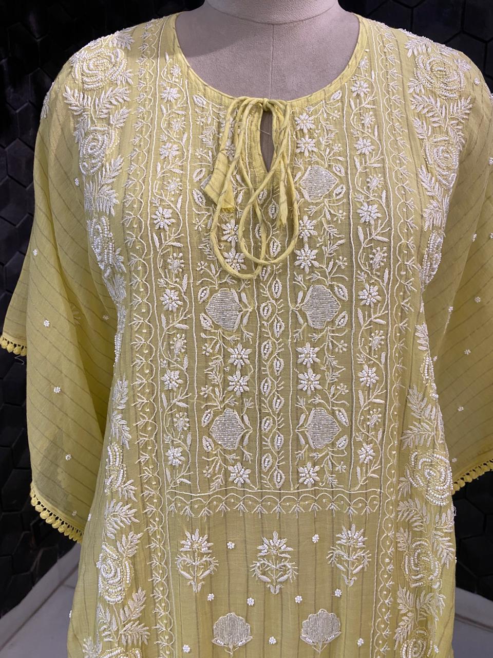 Yellow Mul Chanderi Chikankari Kaftan
