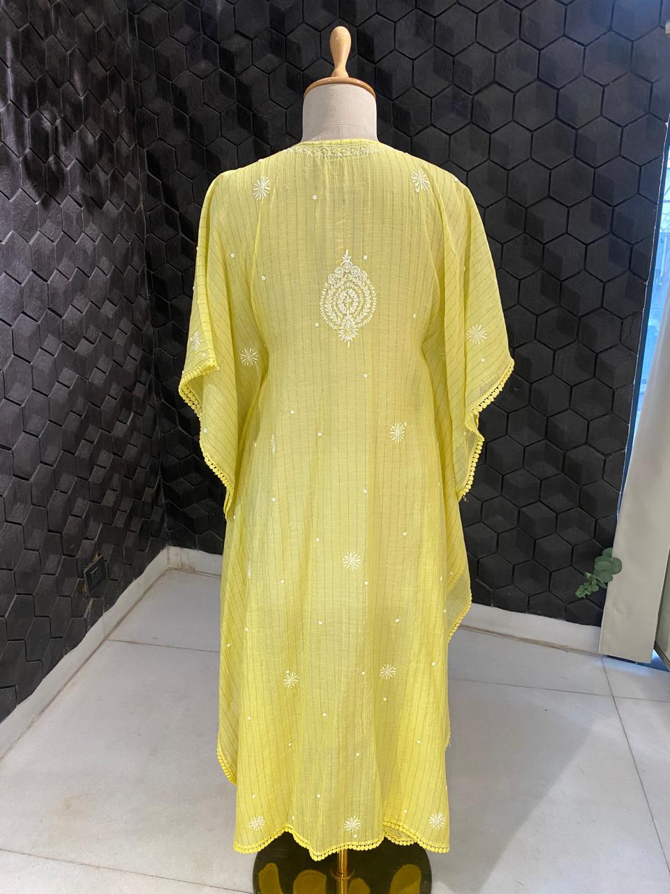 Yellow Mul Chanderi Chikankari Kaftan