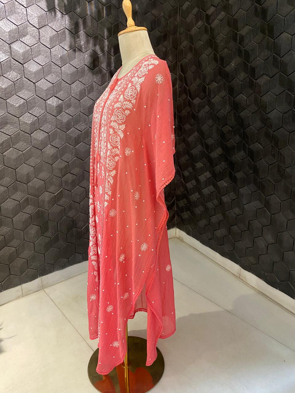 Coral Pink Mul Chanderi Chikankari kaftan