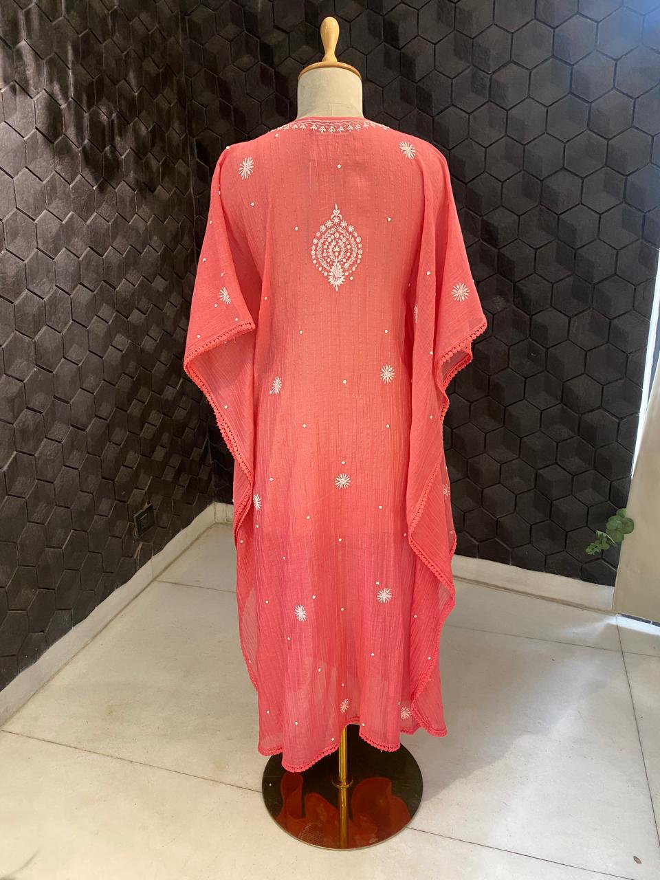 Coral Pink Mul Chanderi Chikankari kaftan