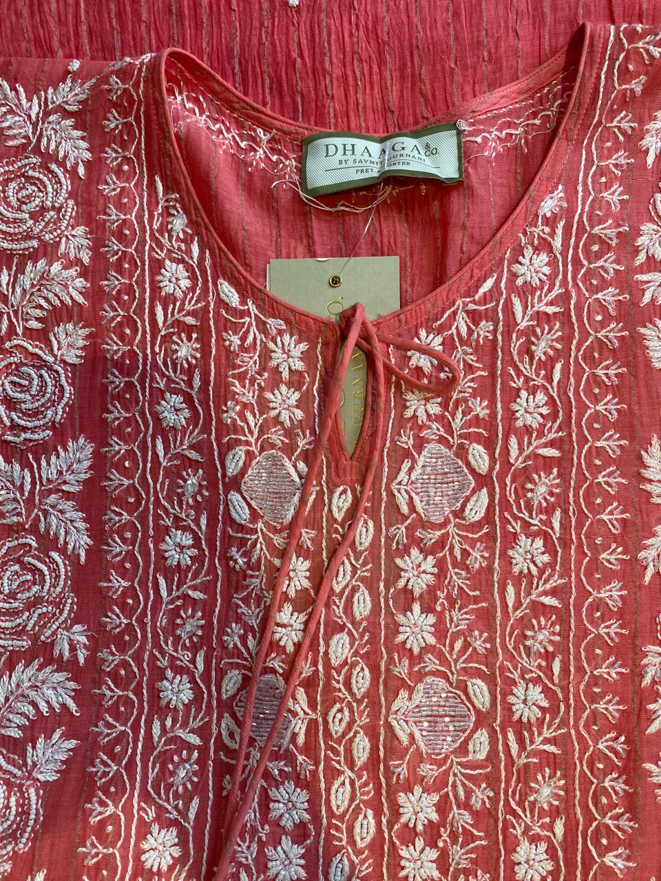 Coral Pink Mul Chanderi Chikankari kaftan