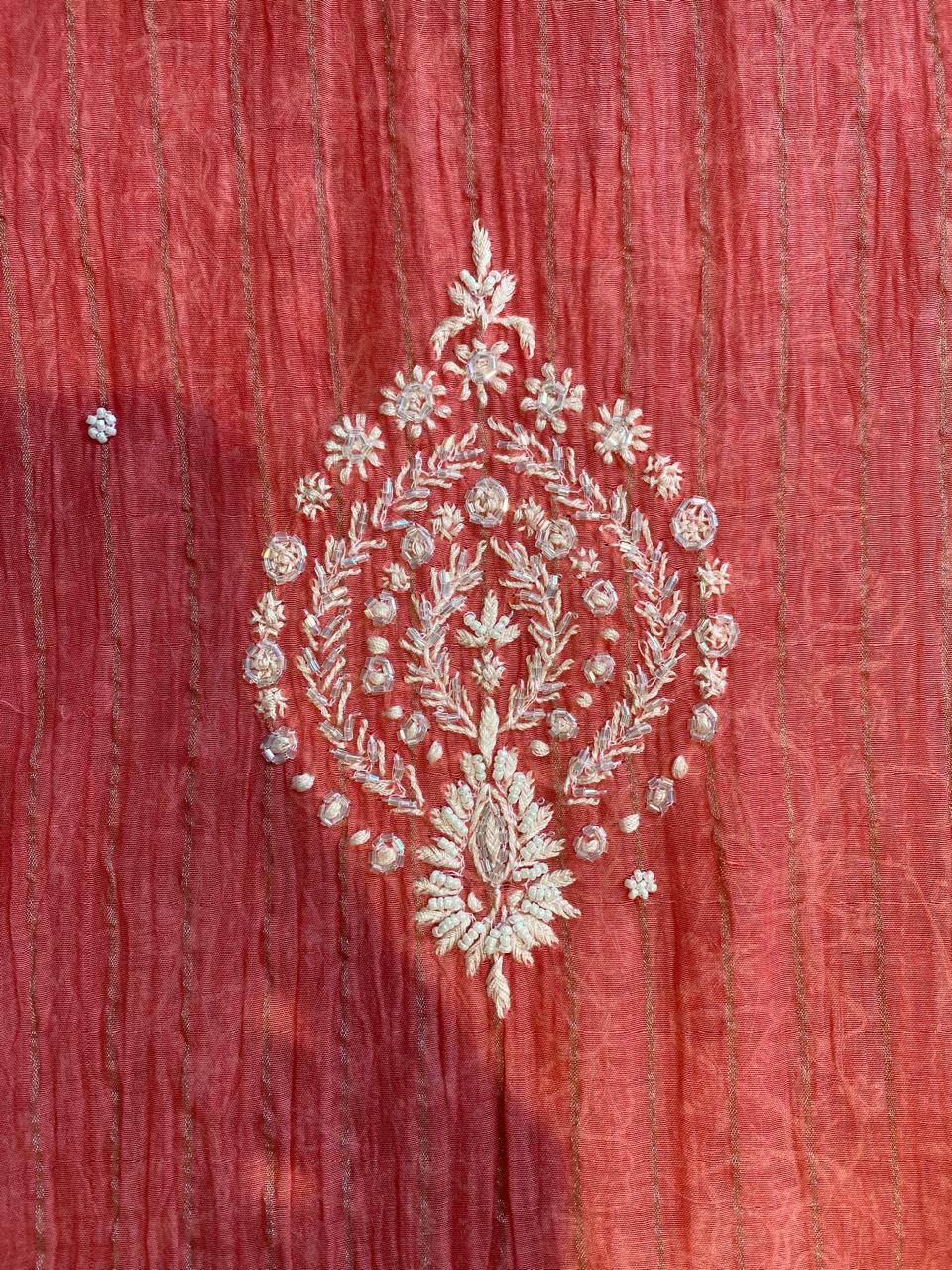 Coral Pink Mul Chanderi Chikankari kaftan