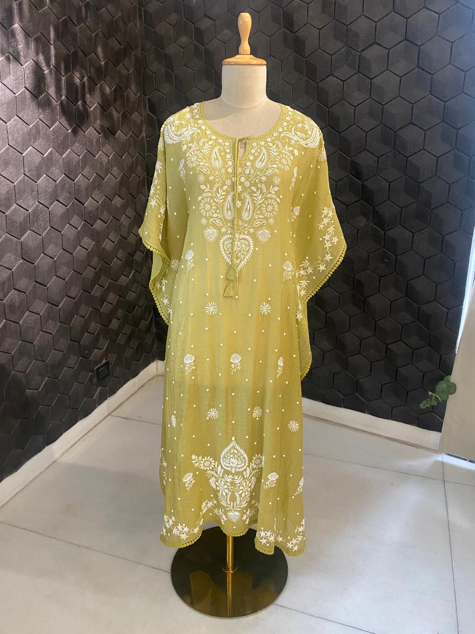Green Mul Chanderi Chikankari Kaftan