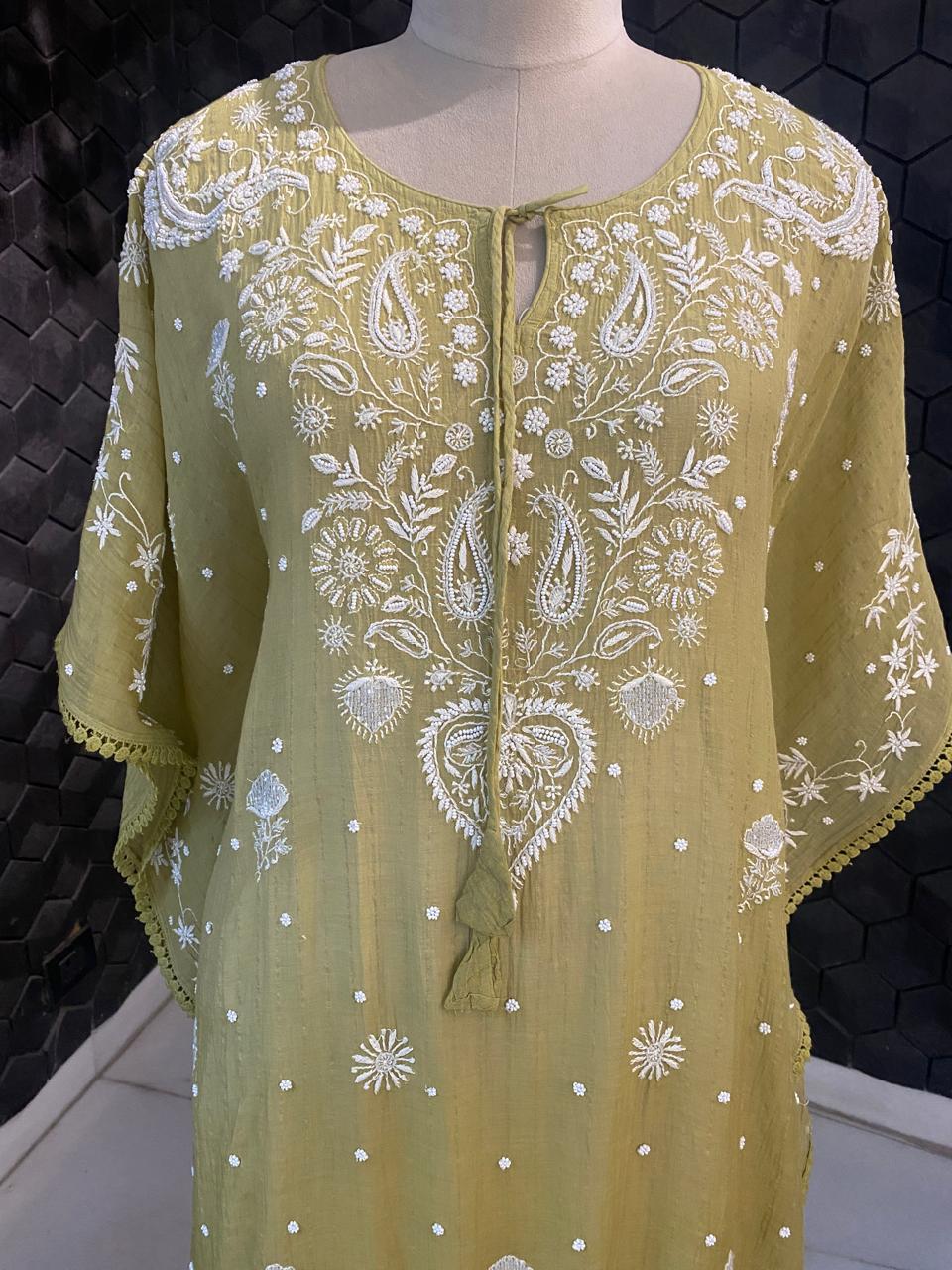 Green Mul Chanderi Chikankari Kaftan