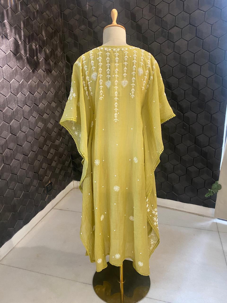 Green Mul Chanderi Chikankari Kaftan