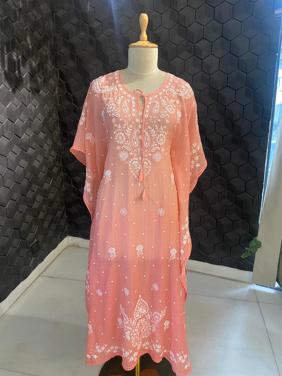 Pink Mul Chanderi Chikankari Kaftan
