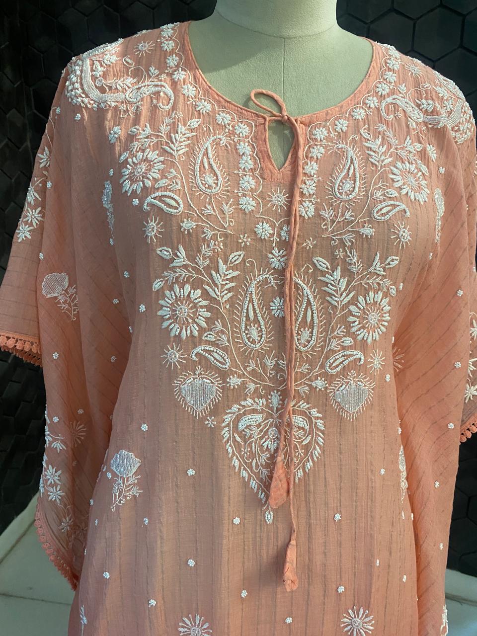 Pink Mul Chanderi Chikankari Kaftan