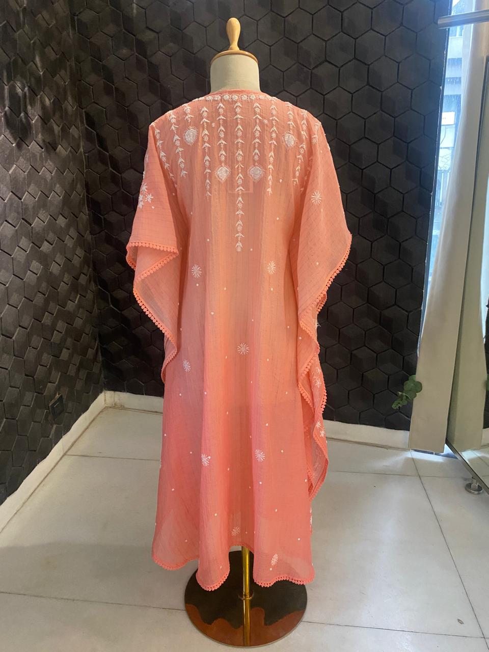 Pink Mul Chanderi Chikankari Kaftan
