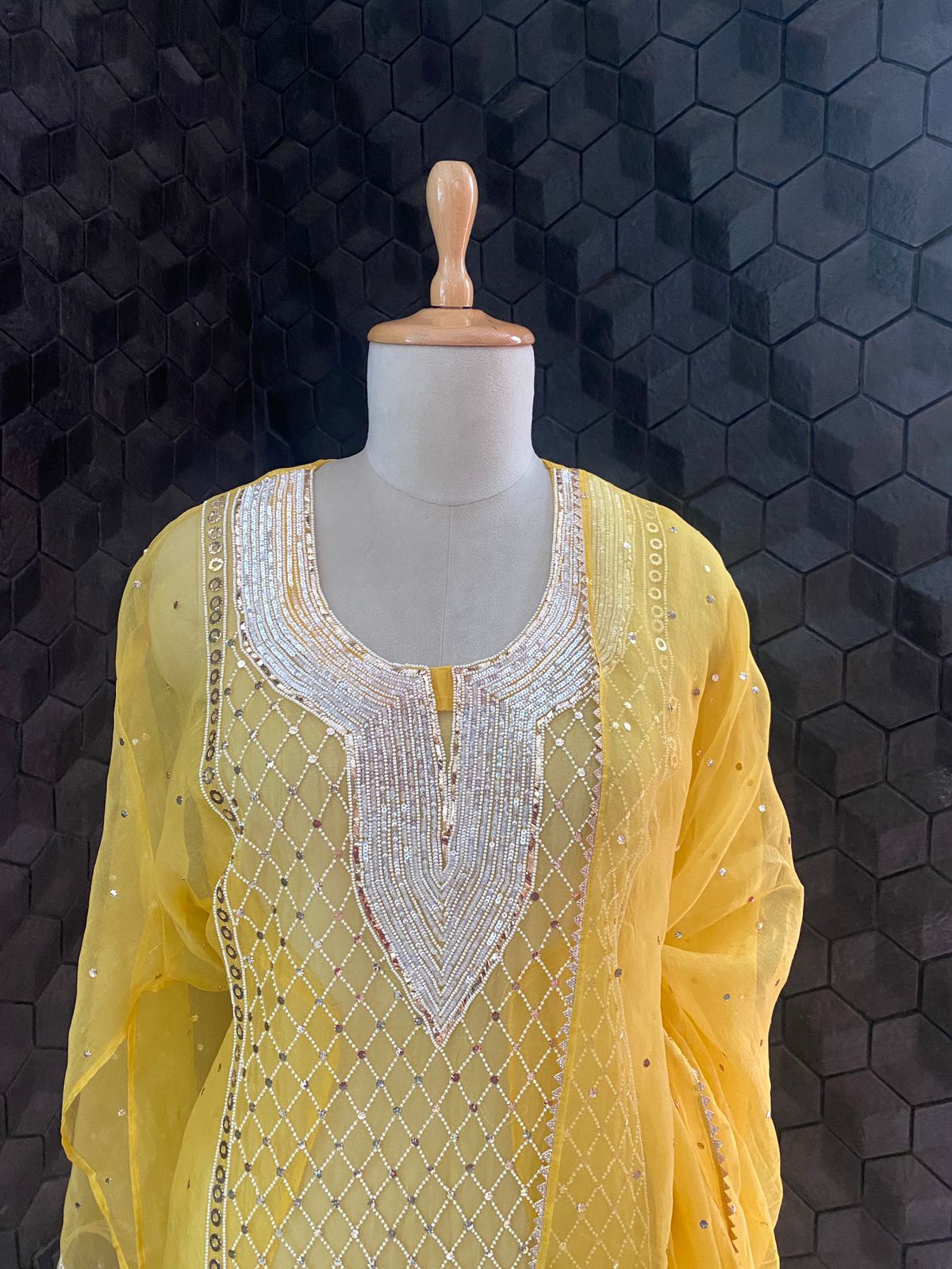 Yellow Organza Mukaish Kurta Set