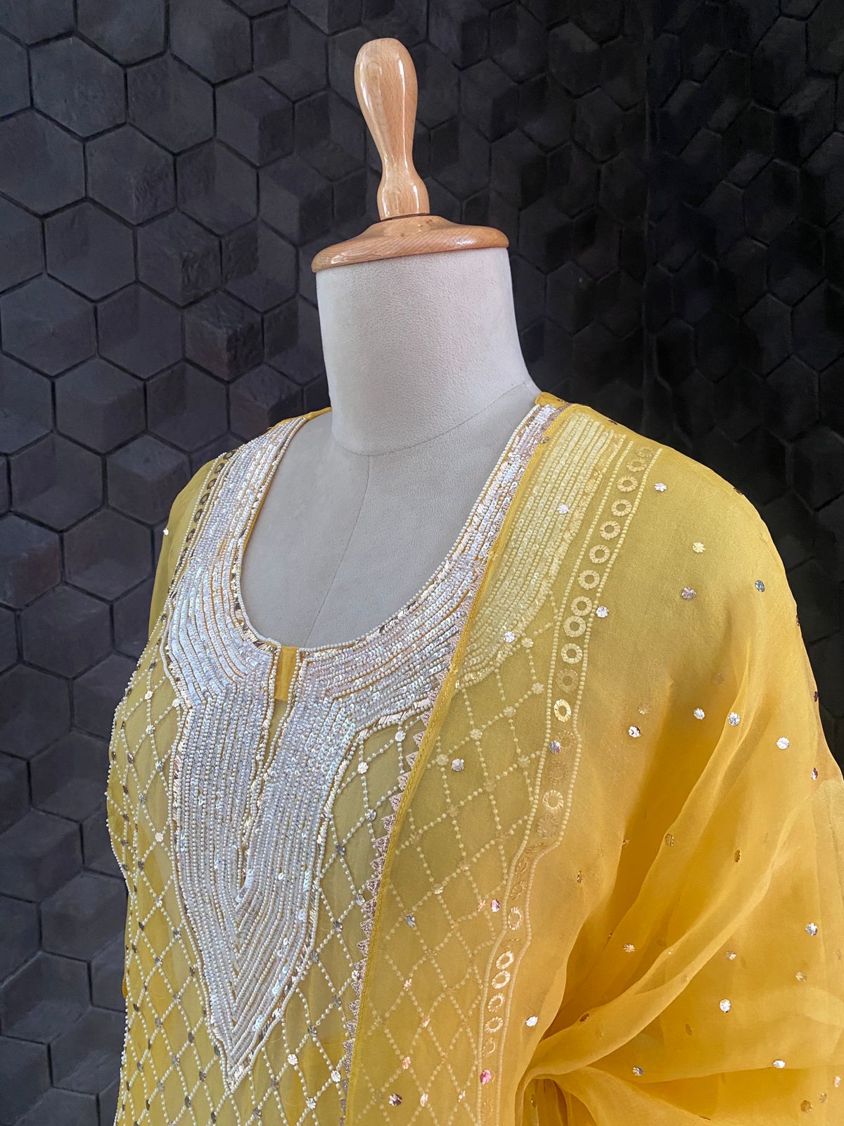 Yellow Organza Mukaish Kurta Set