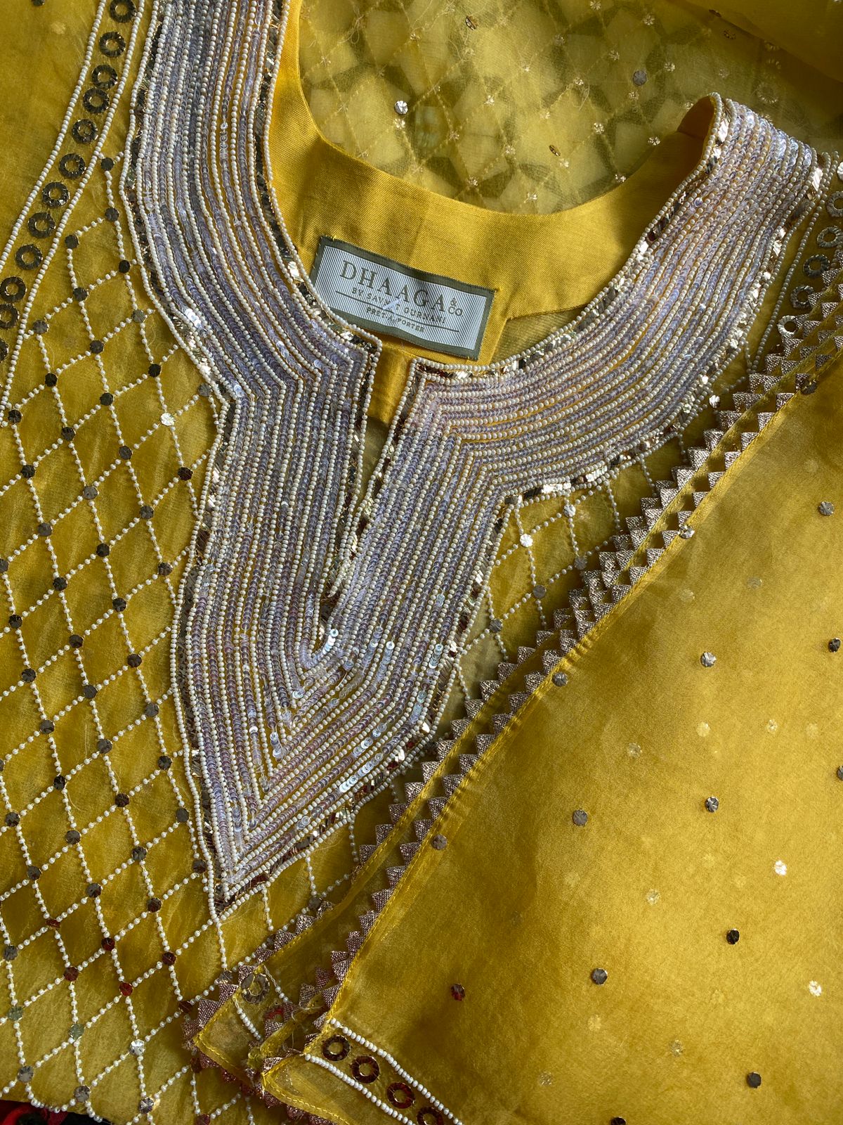Yellow Organza Mukaish Kurta Set