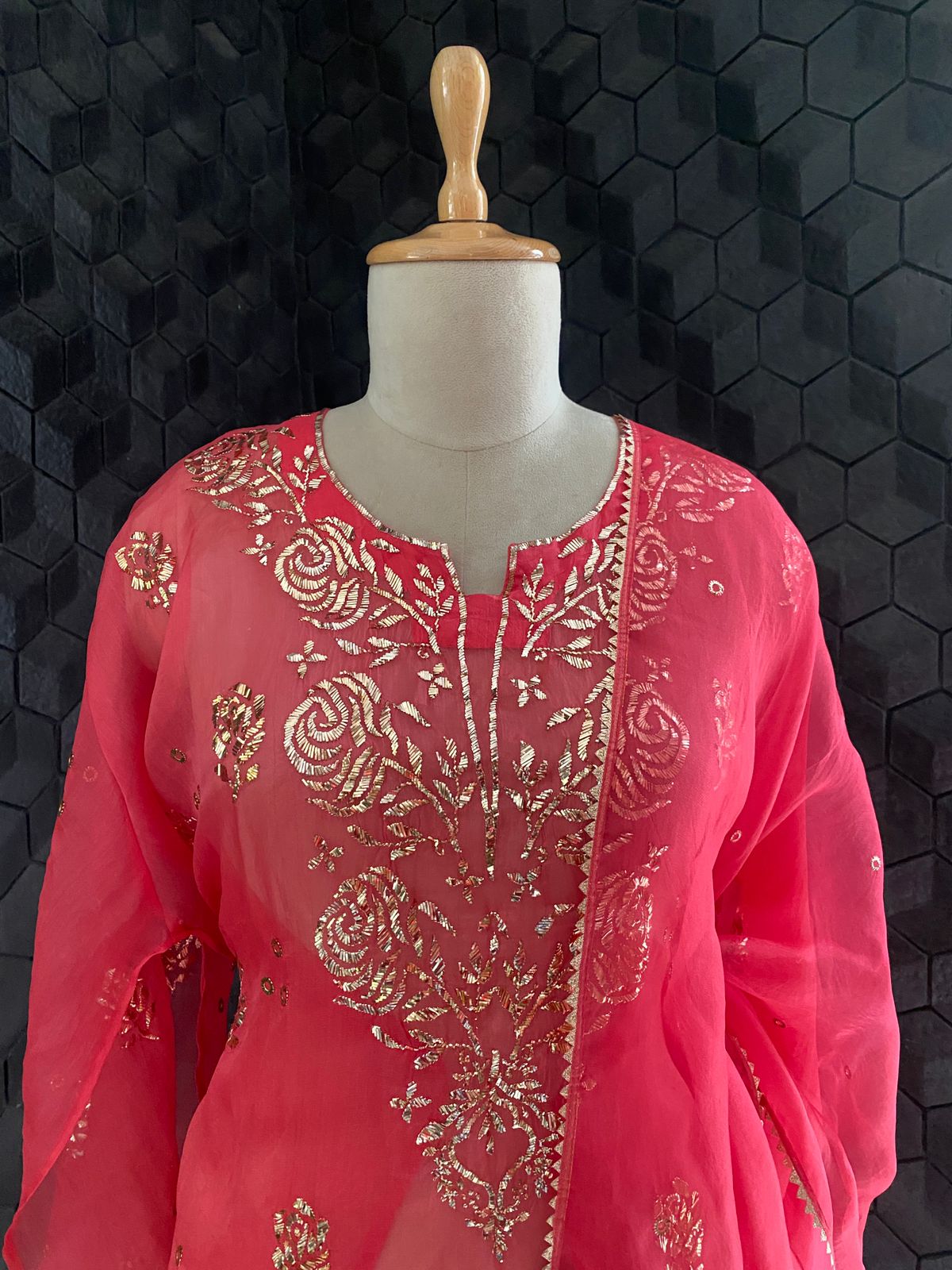 Coral Pink Mukaish Organza Kurta Set