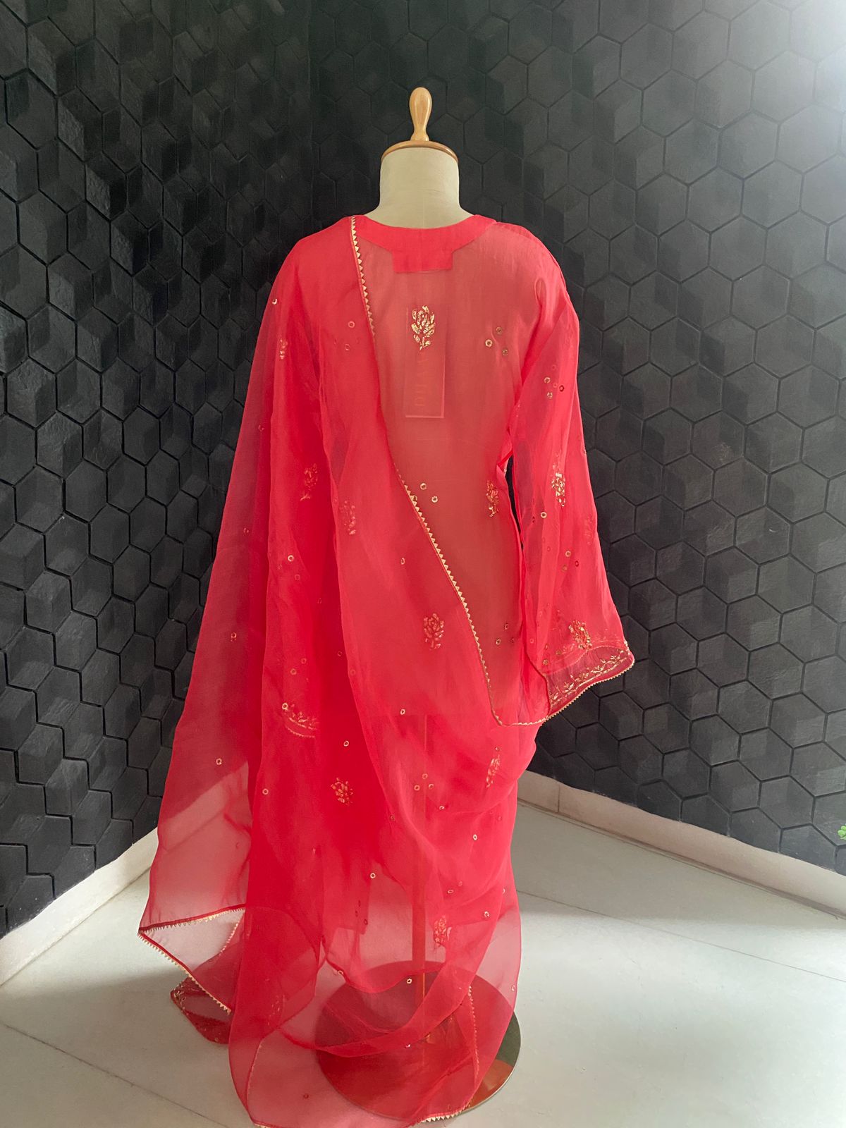 Coral Pink Mukaish Organza Kurta Set