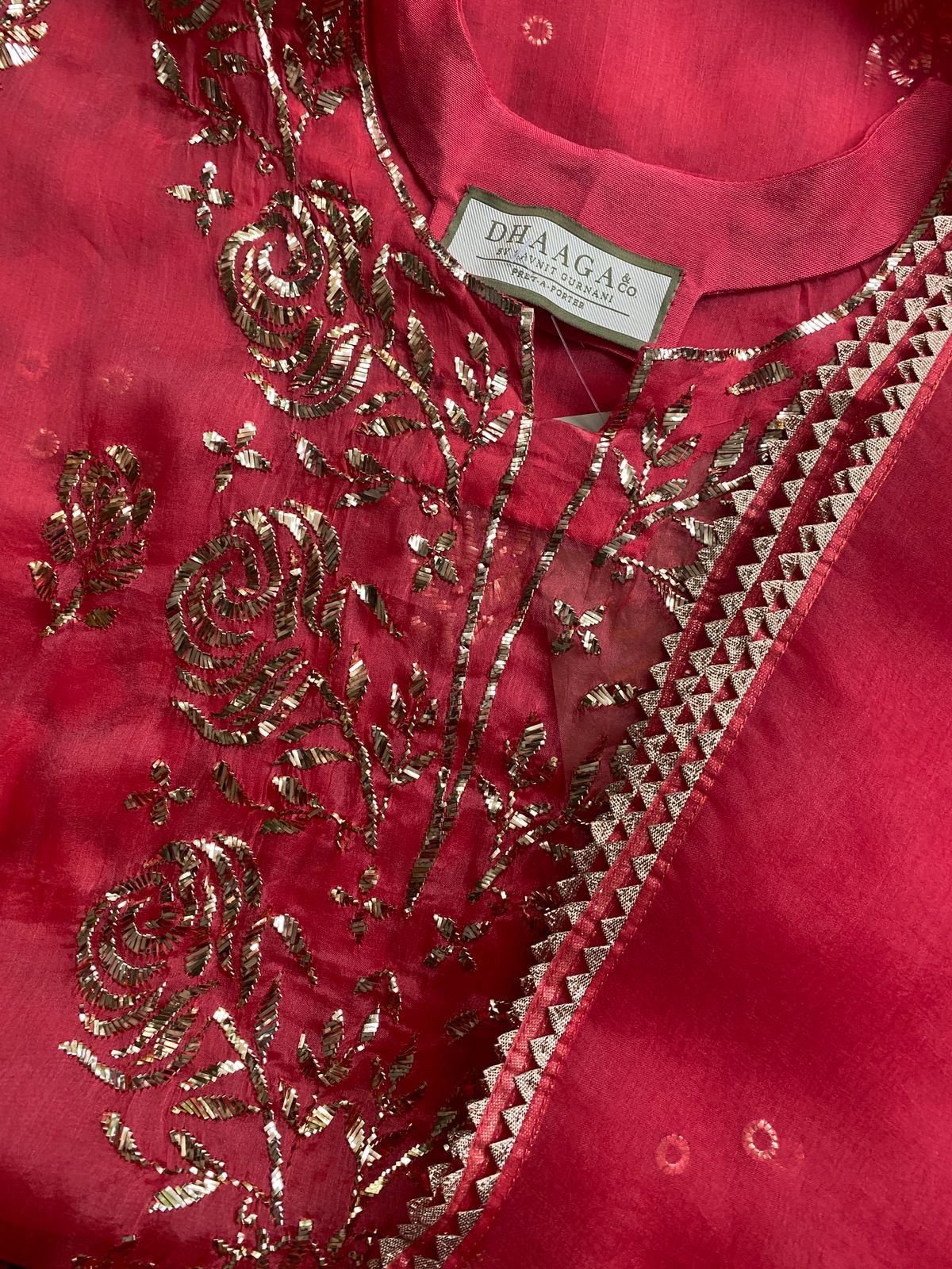 Coral Pink Mukaish Organza Kurta Set