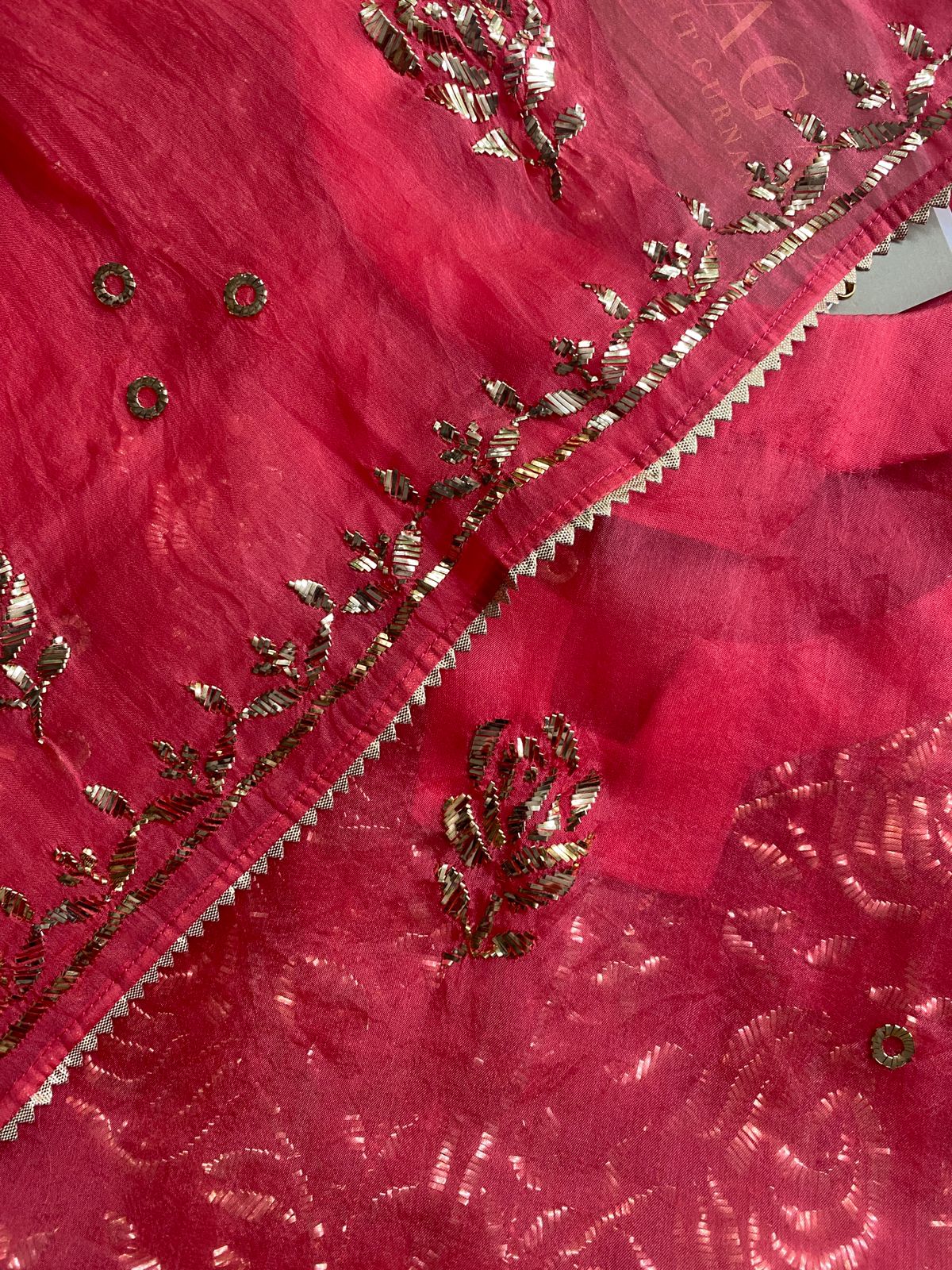Coral Pink Mukaish Organza Kurta Set