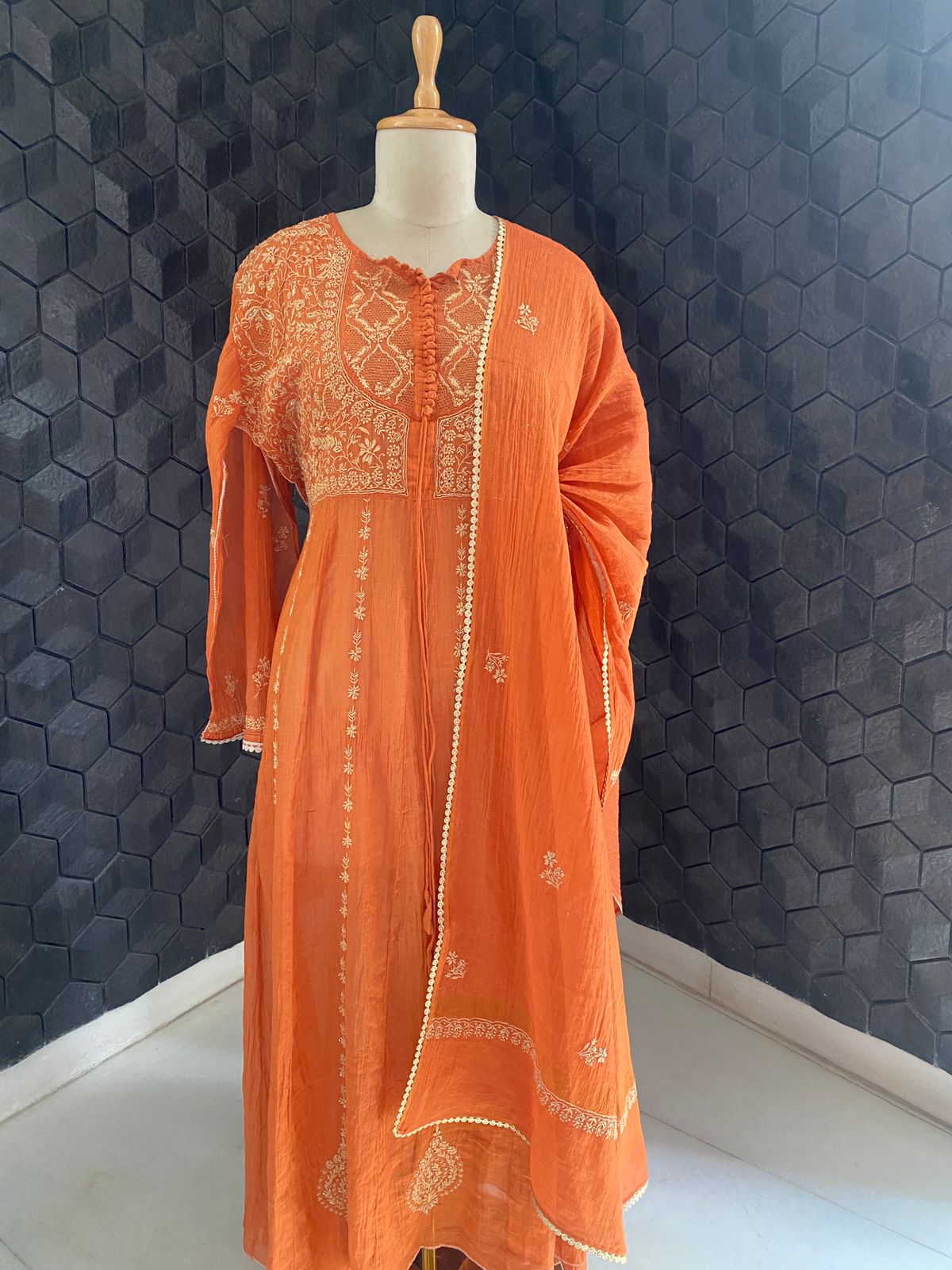 Orange Tissue Chikankari Anarkali Set