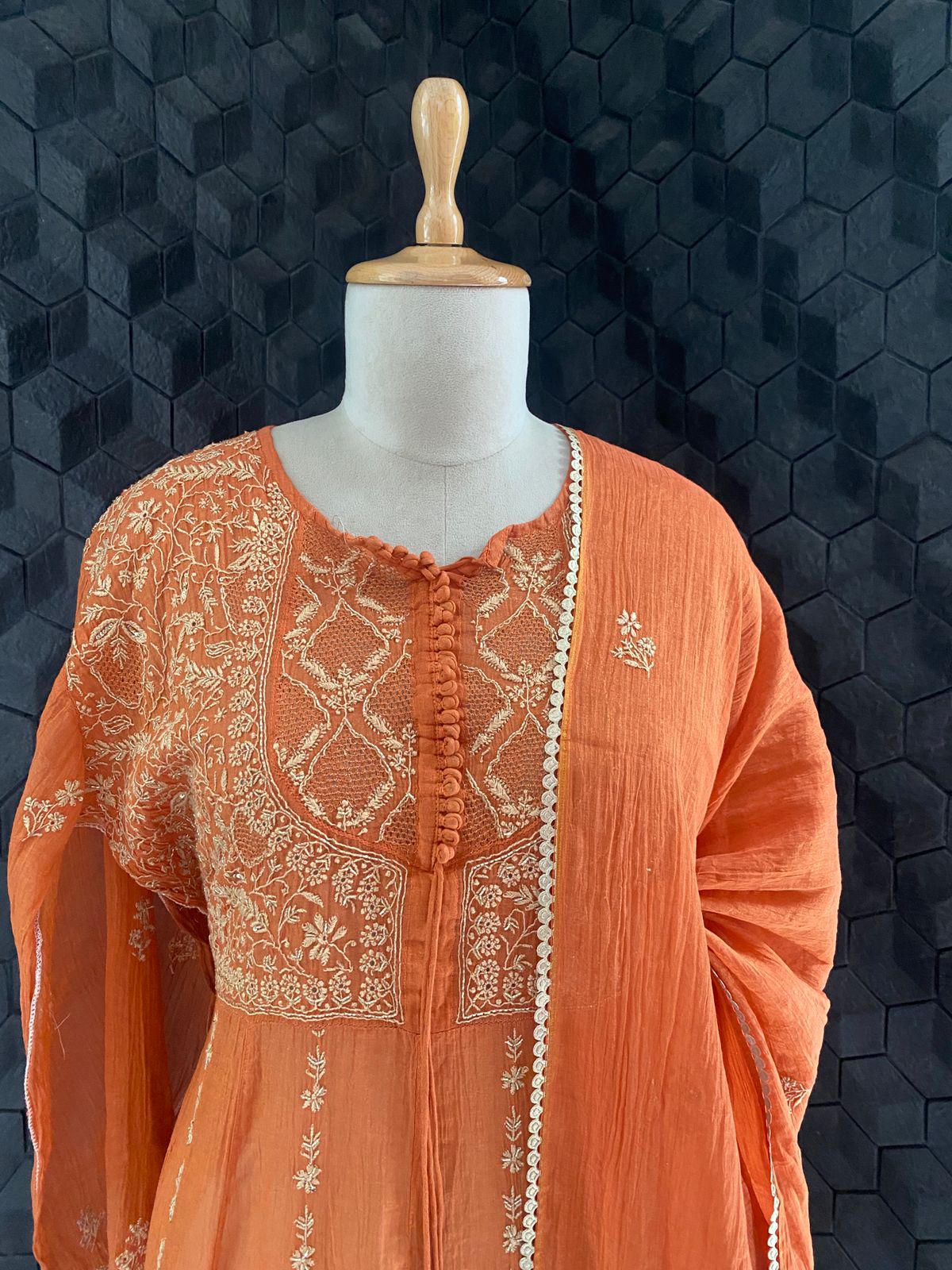 Orange Tissue Chikankari Anarkali Set