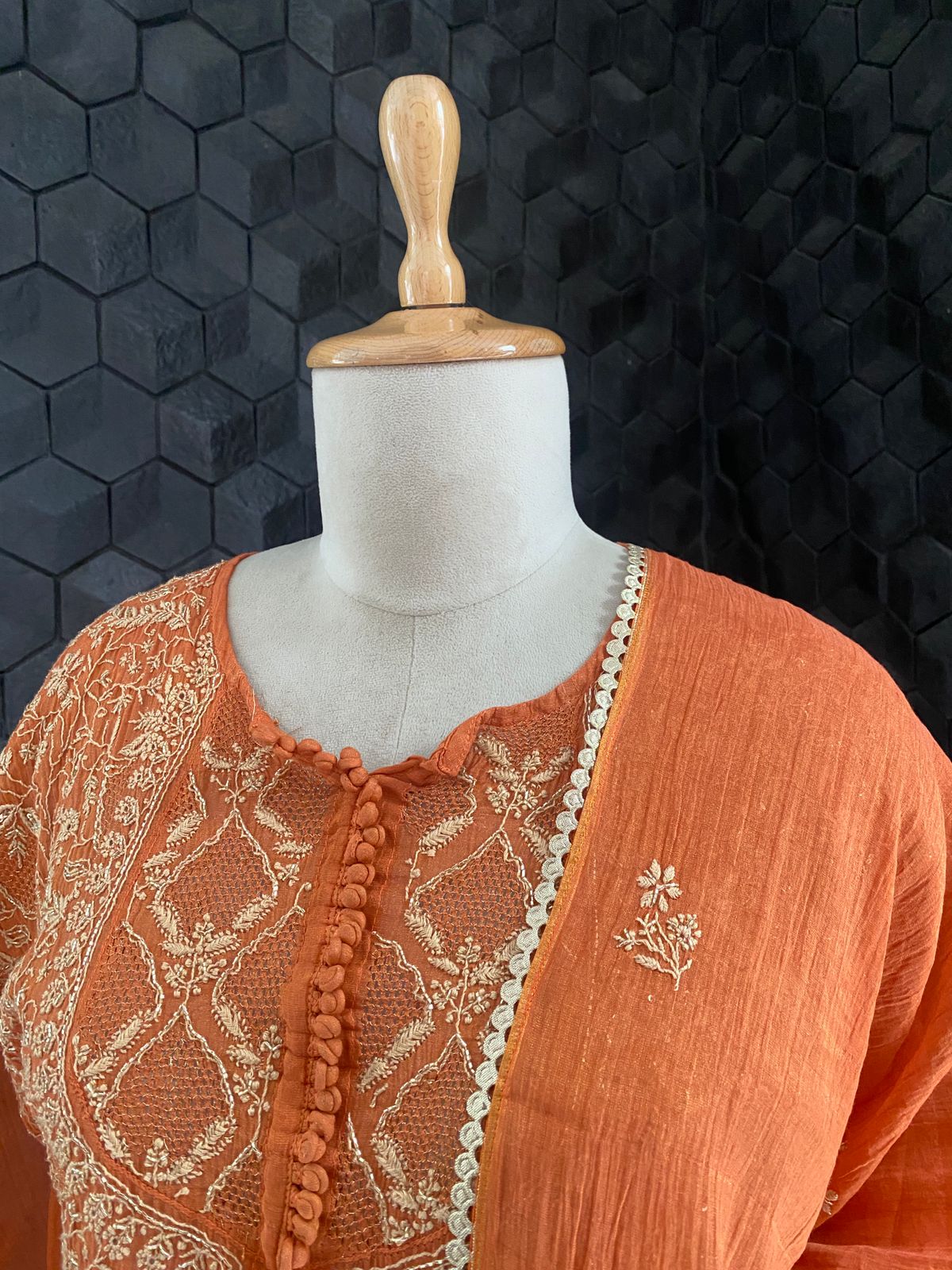 Orange Tissue Chikankari Anarkali Set