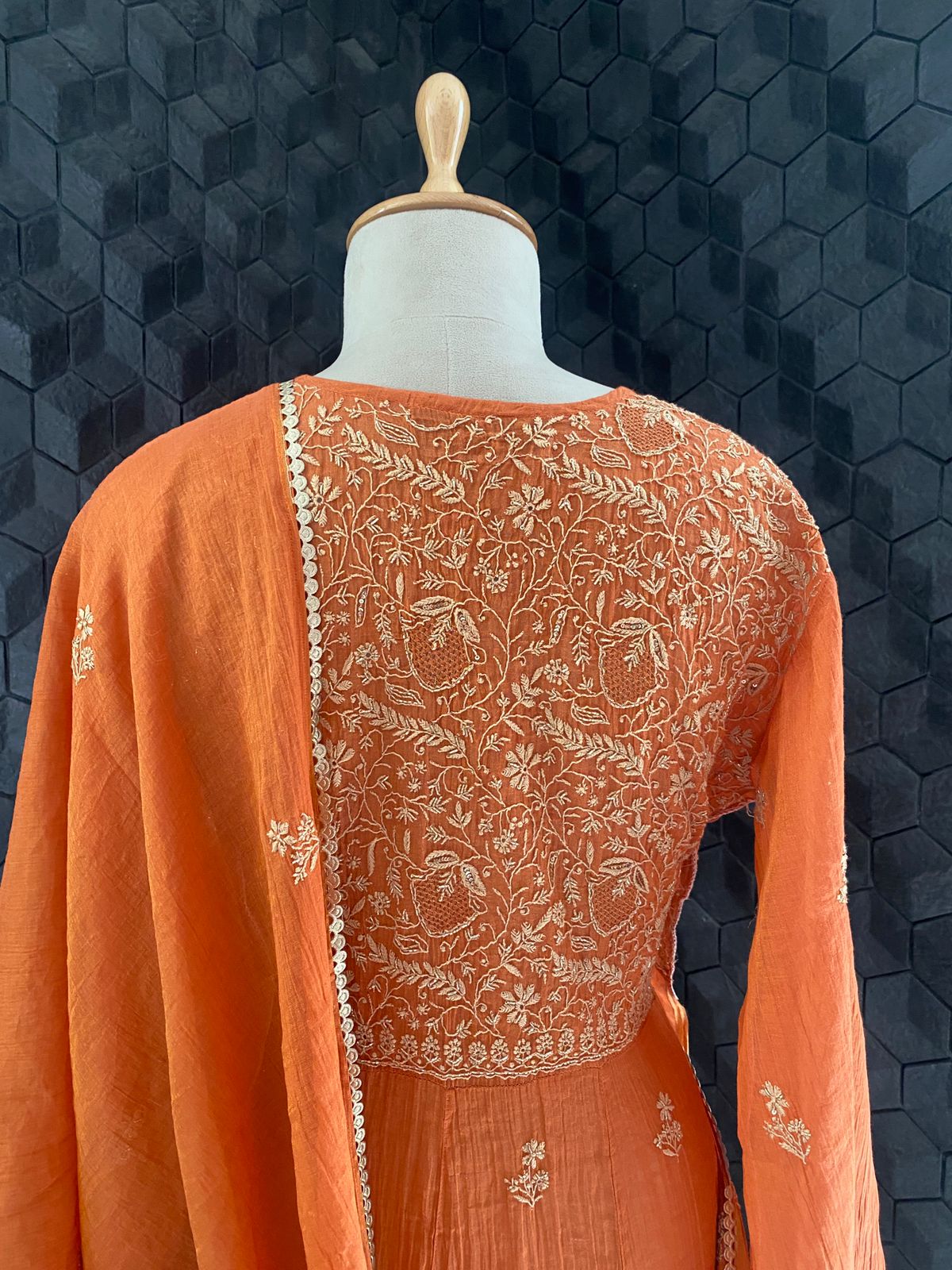 Orange Tissue Chikankari Anarkali Set