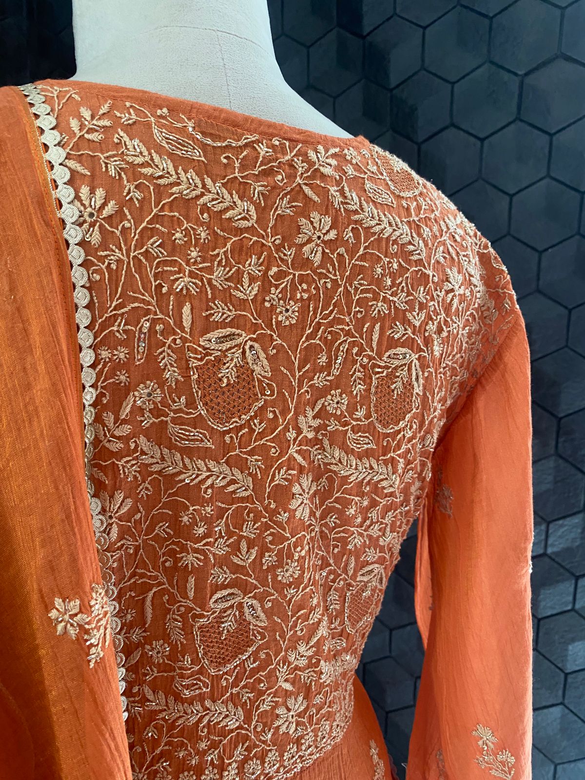 Orange Tissue Chikankari Anarkali Set