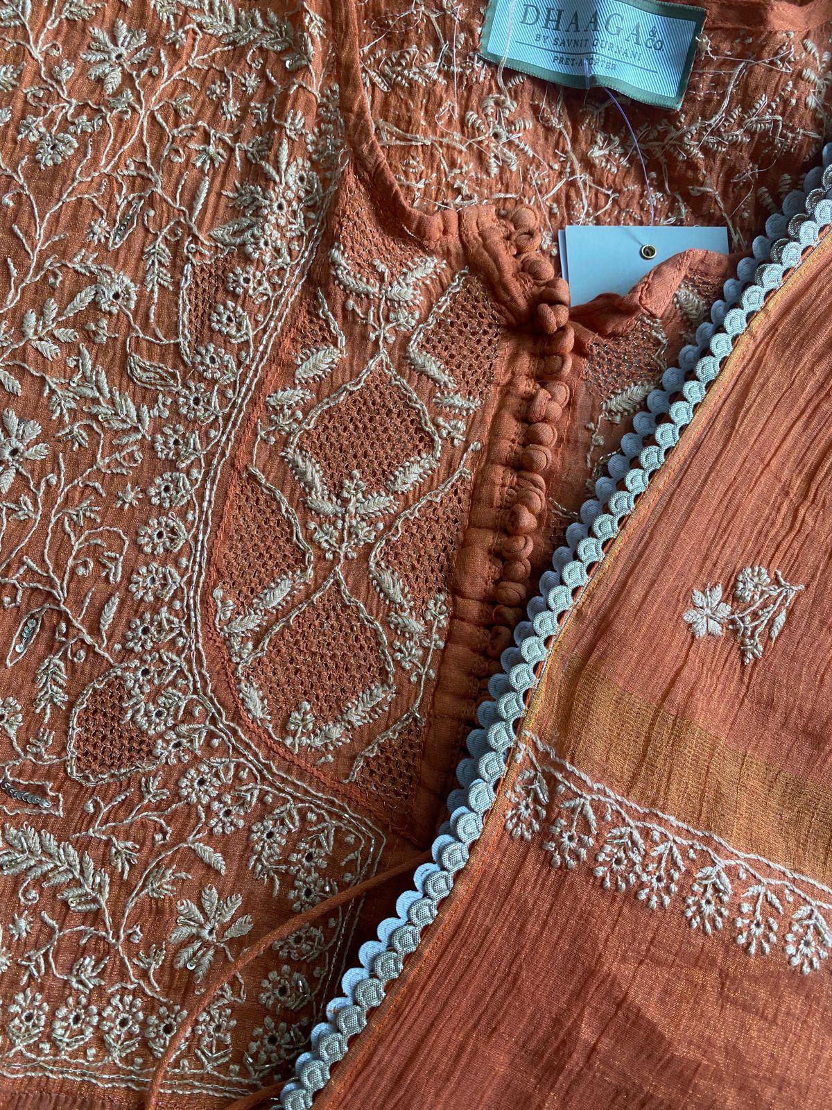 Orange Tissue Chikankari Anarkali Set