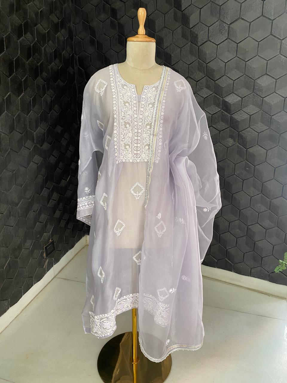 Ash Blue Organza Chikankari suit