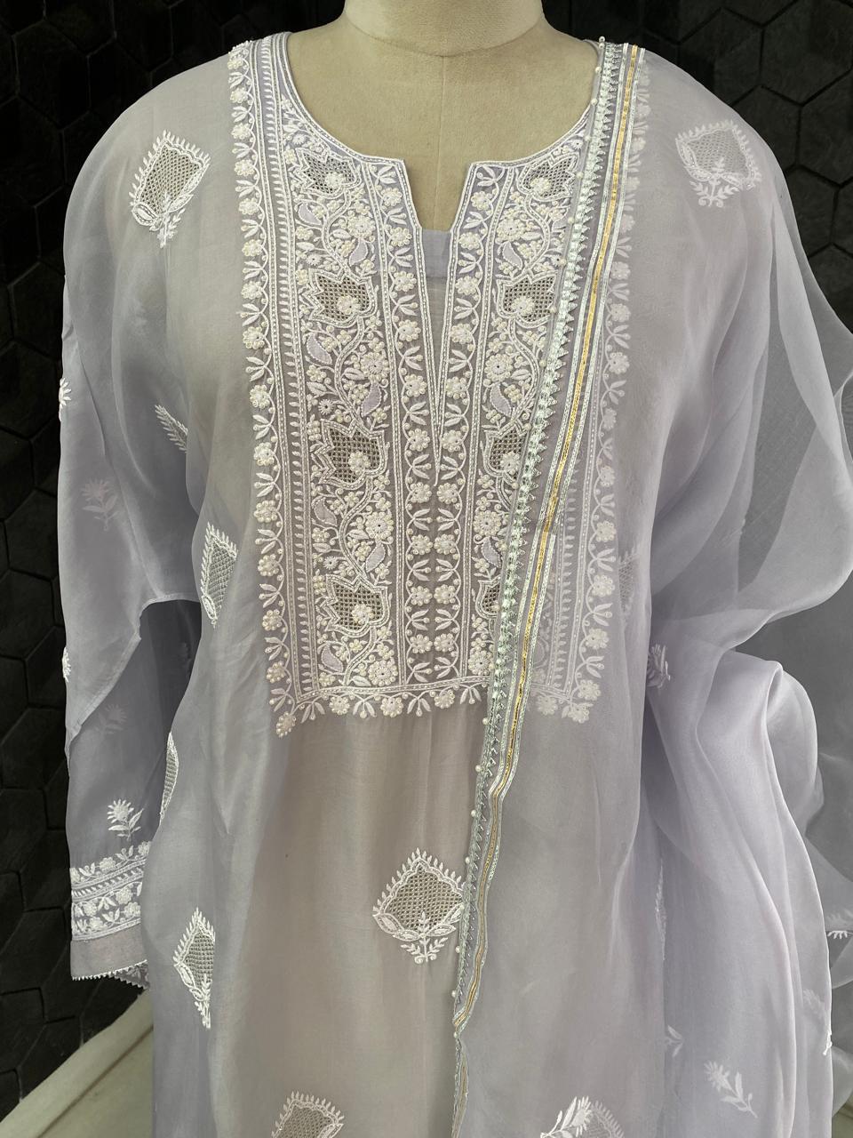 Ash Blue Organza Chikankari suit