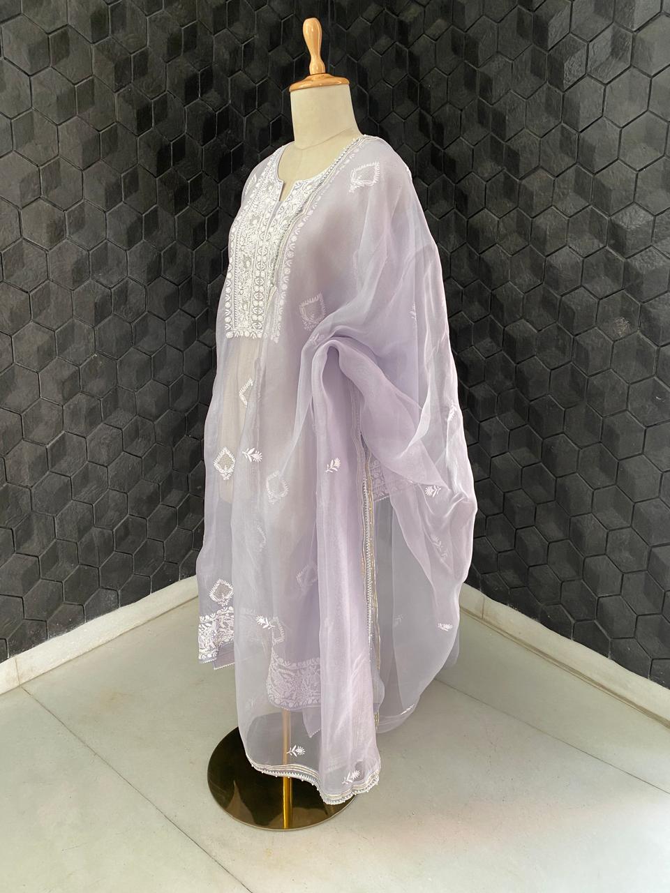 Ash Blue Organza Chikankari suit